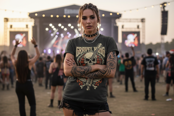 lag en kul rocka t-skjorte med et band design, sett den på en ung jente med tatoeringer