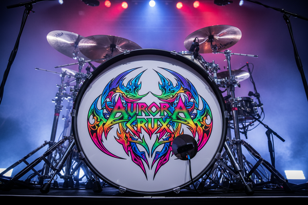 lag et fargerikt metal band design og plasser det på stortromma til et trommesett